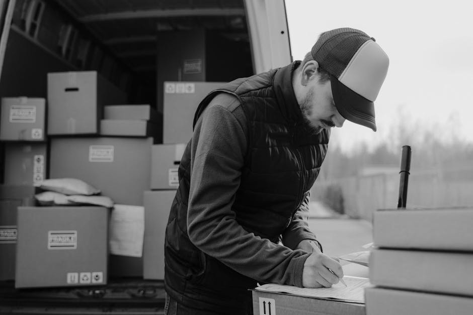 A man wearing a baseball cap, jacket, and vest is engaged in packing or labeling moving boxes outdoors near a residential property, with a van parked on the street. Inside the open rear of the van, several cardboard boxes of varying sizes are visible, some sealed with packing tape, along with a pillow and other packing materials. The man is signing or noting details on a piece of paper placed on top of a box, indicating the organization of belongings during a home relocation. The loading area is paved, and the background shows a blurred view of trees and buildings, suggesting a suburban or urban environment. This scene illustrates the process of packing and preparing furniture and household items for transport, supported by [COMPANY_NAME]'s removals services for efficient furniture transport and moving logistics, aligning with the context of Westminster Council permits for Pimlico moving vans as referenced in the page title.